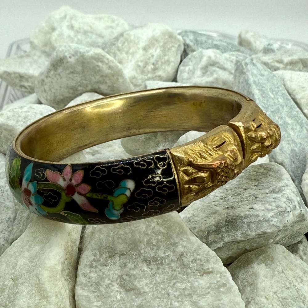 Vintage Cloisonné Twin Dragon Bangle Bracelet Black Enamel Floral 2.5” - Picture 14 of 17